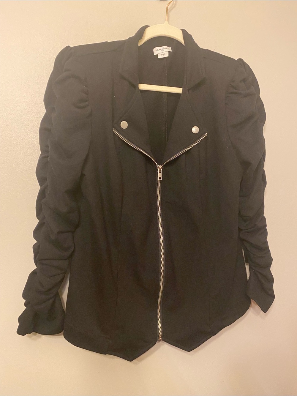 Jaclyn Smith Black Ruched-Sleeve Zip Blazer Jacket